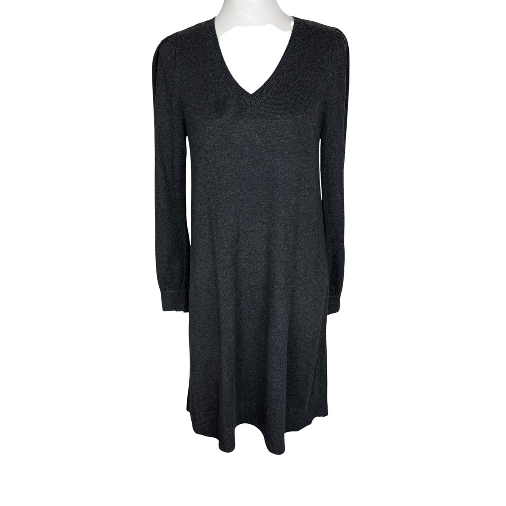 Loft Womens V-Neck Sweater Dress Charcoal Gray Puff Shoulder Mini Size M NEW